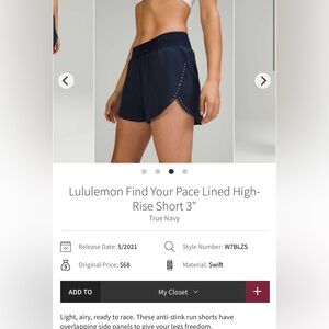 Lululemon navy blue find your pace shorts size 0